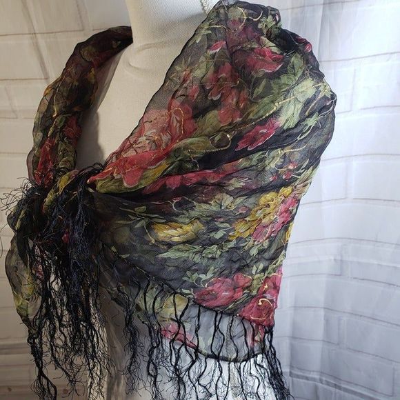 Vintage Beautiful Boho Red Rose Sheer Black Fringe Scarf Rayon Womens 40x37 - Picture 2 of 10